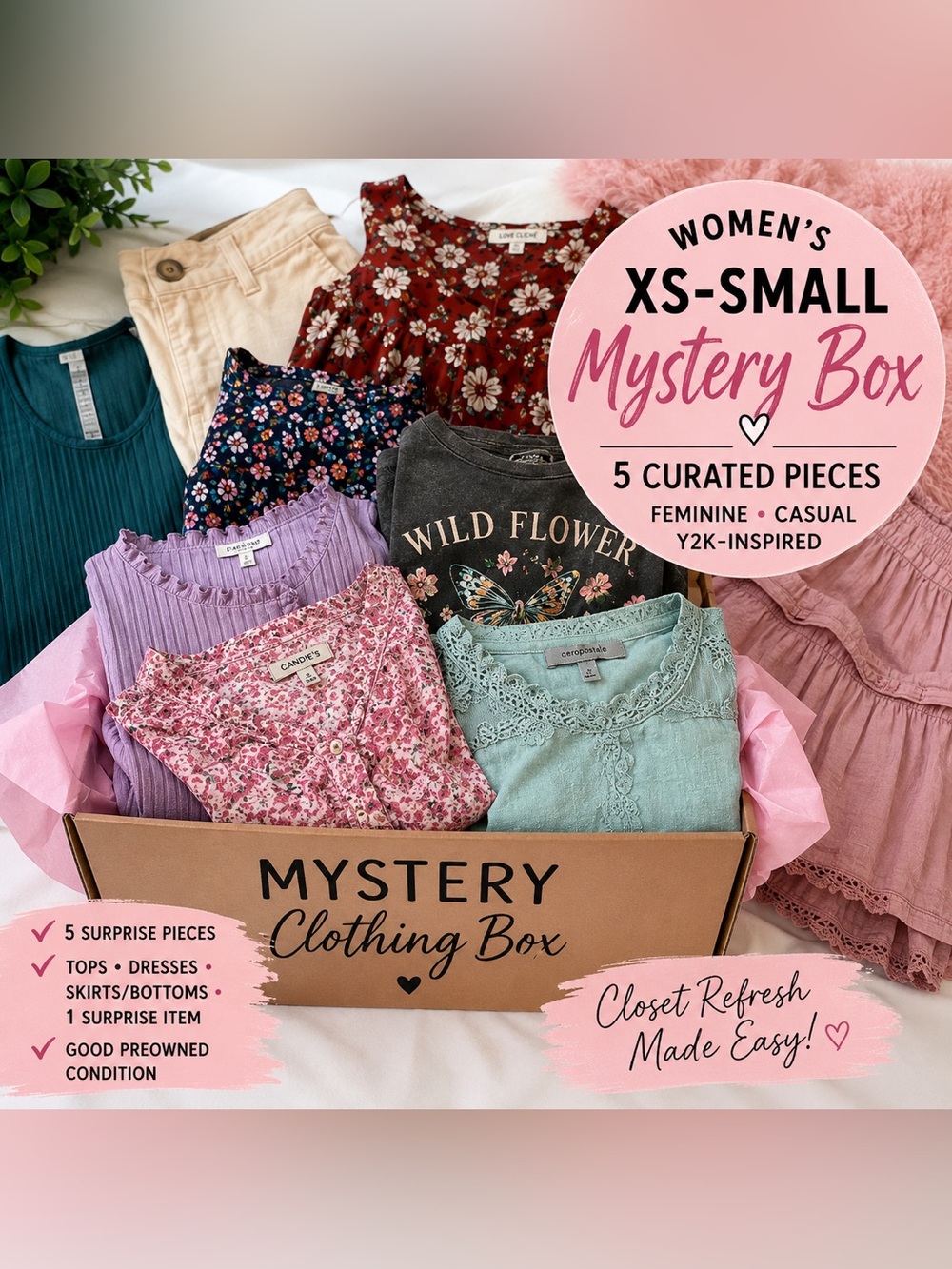 Women’s XS Small Mystery Clothing Box 5 Piece Feminine Y2K Bundle